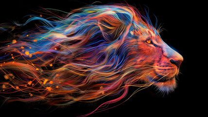 A colorful lion with a long mane and a fiery tail - obrazy, fototapety, plakaty
