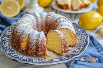 Obraz na płótnie Canvas Lemon pound cake with glaze baked in bundt pan served on plate