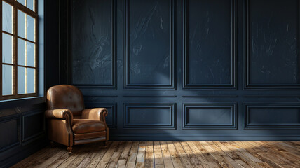 dark blue in living room interior with wooden floor and brown leather armchair, wooden floor and plants in the corner