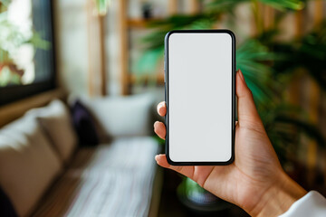 smartphone mockup, hand holding phone indoors, mobile app advertising, blank white screen
