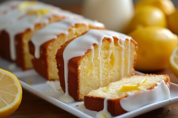 Lemon pound cake with icing and lemon slices