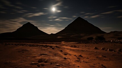 Majestic pyramid glowing under the enchanting moonlight at the summit of a towering mountain