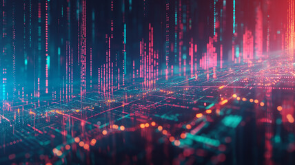 A colorful, abstract cityscape with a lot of lights and lines