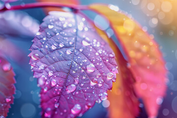 Colorful leaves with water droplets, closeup, colorful background, mobile wallpaper