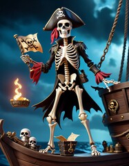 Obraz premium A whimsical pirate skeleton with a parrot on its shoulder stands aboard a miniature ship, embodying the adventurous spirit of sea legends.. AI Generation