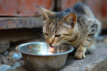Lovely cat eating from bowl Adorable pet
