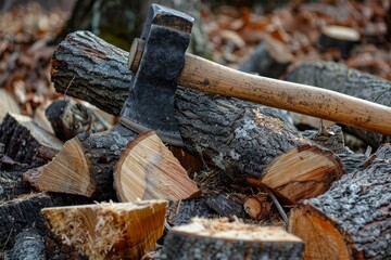 Lumberjack chopped tree trunks with an axe for firewood Texture of cut wood Hiking camping fuel...