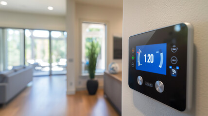 A smart thermostat displays the temperature of the room as 120 degrees - obrazy, fototapety, plakaty