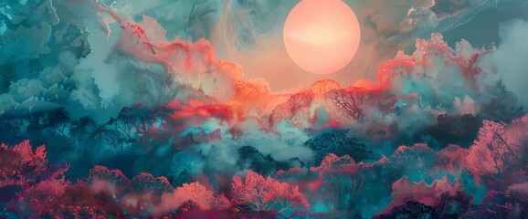Magenta mist weaving intricate tales amidst a surreal dreamscape of teal and coral. - obrazy, fototapety, plakaty