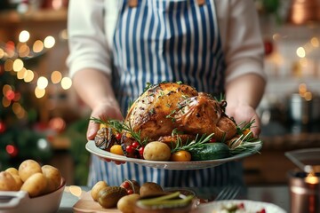 Person holding out a roasted entire big turkey in a baking dish, ready to be served for Christmas dinner with potatoes and vegetables in hand. Whole fresh baked steaming large bird from oven. Close Up - obrazy, fototapety, plakaty
