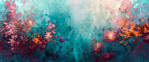 Magenta mist weaving intricate tales amidst a surreal dreamscape of teal and coral. - obrazy, fototapety, plakaty