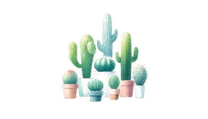 Assorted watercolor cacti in pots illustration, ideal for botany-themed designs and National Gardening Week promotions, conveying a tranquil desert vibe