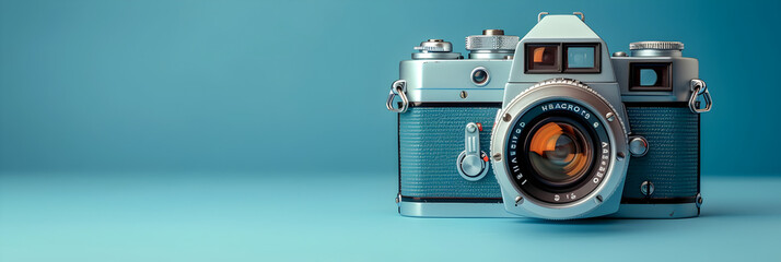 Retro Camera 3d image ,
A vintage camera with a blue background The camera is in the center of the image and is in focus
 - obrazy, fototapety, plakaty