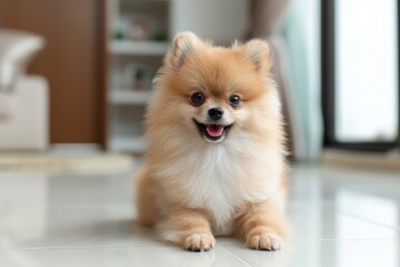 Pomeranian puppy with short hair cute happy groomed white tile floor home