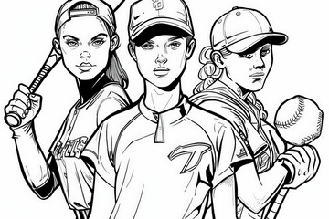 Coloring Page Three skilled baseball players in action, capturing the essence of teamwork and athleticism in a stunning black and white drawing.