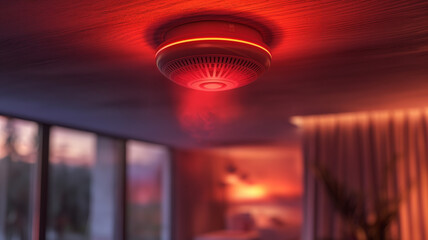 Fototapeta na wymiar A red smoke detector is lit up in a room