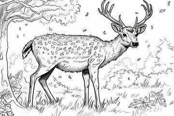 Coloring Page A beautiful deer stands gracefully in the lush green grass next to a tall tree in a serene forest setting.