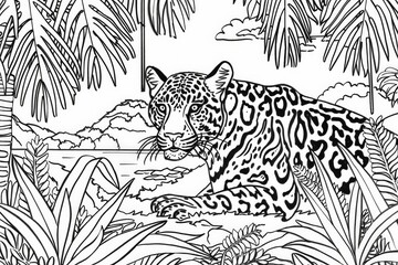 Coloring Page Detailed black and white drawing of a powerful tiger moving stealthily through a lush jungle setting.