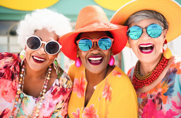 Outdoor portrait of females old aged friends together with sunglasses having fun. Group of mature women friends posing for a photo in summer outdoor in a leisure activity. Forever young concept. 