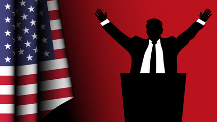 The silhouette of an American Republican politician speaks to his constituents, with the country's flag on the left