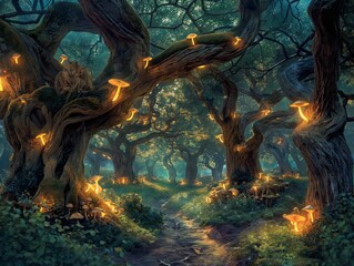 A forest with glowing mushrooms and trees. Scene is mysterious and enchanting. The glowing mushrooms and trees create a sense of wonder and magic, inviting the viewer to explore the forest