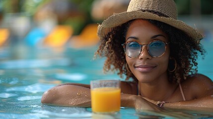A woman wearing a hat and sunglasses has her arms resting on the edge of a pool with a glass of orange juice. She is enjoying the water and smiling.