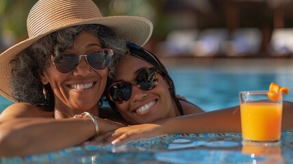 Two women ,mother and daughter are smiling and posing in a pool with a glass of orange juice. The scene is lighthearted and fun, as the women are enjoying their time together in the water. day