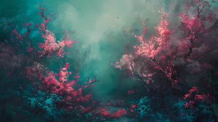 Magenta mist weaving intricate tales amidst a surreal dreamscape of teal and coral.