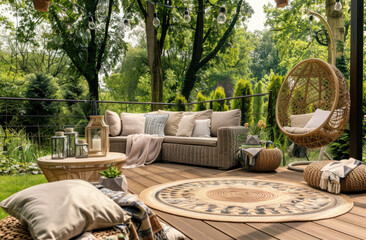outdoor garden with a wooden terrace, rattan sofa and armchair surrounded by nature with a hanging chair and round table decorated with beige pillows and a blanket, a brown patterned carpet on the dec - obrazy, fototapety, plakaty