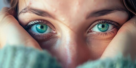 A woman with blue eyes is looking down with her hands on her face. Concept of sadness or contemplation - obrazy, fototapety, plakaty