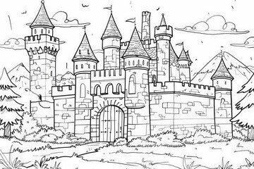 Coloring Page A detailed drawing of a majestic castle surrounded by a lush forest. The castle is towering above the trees, blending seamlessly with nature.