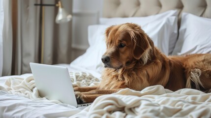 dog with laptop laying on bed in luxury room doing some office work 