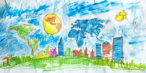 A drawing of a city with a large yellow sun in the sky. The drawing is colorful and lively, with a sense of joy and happiness. The city is surrounded by a green field, which adds a sense of peace