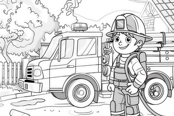 Coloring Page A fireman in uniform standing proudly in front of a vibrant red fire truck, ready to spring into action.
