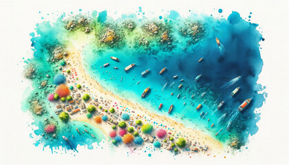 Aerial view watercolor painting of a tropical beach with boats and umbrellas, ideal for travel and summer holiday concepts