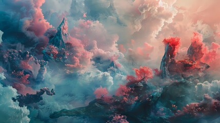 Magenta mist weaving intricate tales amidst a surreal dreamscape of teal and coral.