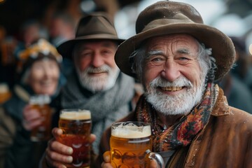 Happy old man with glass of beer, selective focus