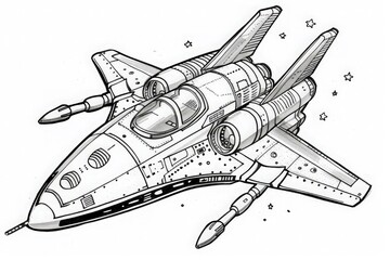 Coloring Page An artistic rendering of a futuristic spaceship with a powerful rocket attached, ready for interstellar exploration.