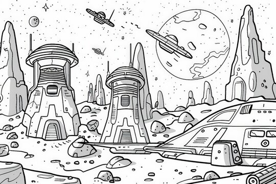 Coloring Page A detailed black and white drawing of a futuristic space station floating majestically in the cosmos, complete with docking bays and communication towers.