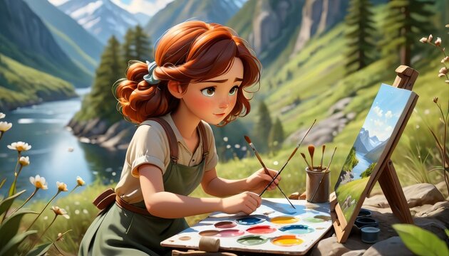 A young animated girl immerses herself in art, painting a landscape amidst the tranquility of a mountainous valley.. AI Generation