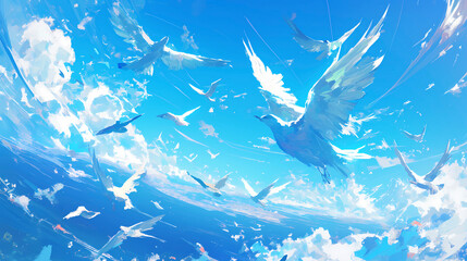Flying birds in the blue sky. 3D illustration. Abstract background.