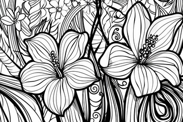 Coloring Page A black and white drawing featuring intricate flower designs in full bloom, showcasing delicate petals and elegant stems.