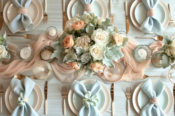 A table with a floral arrangement and a white tablecloth. The table is set for a special occasion