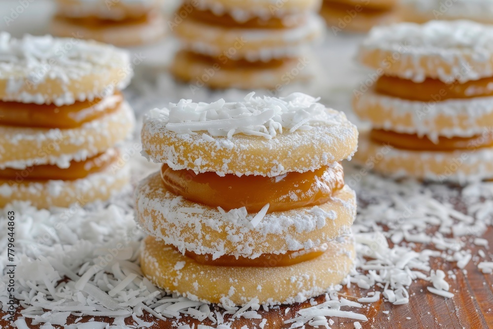 Wall mural Preparing alfajores a Latin American Mexican dessert with shortbread dulce de leche and coconut