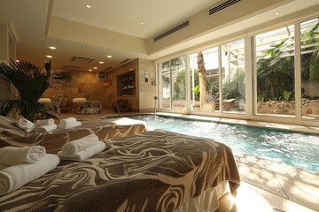 A serene and opulent spa room with massage tables overlooking an indoor pool, promoting tranquility and wellness