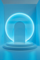 A blue lighted room with a blue circle in the center