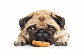Pug eating cookie with white background