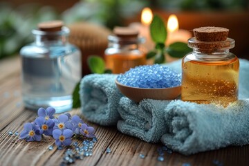 An inviting spa scene with essential oils, bath salts, and fresh flowers promoting wellness and...