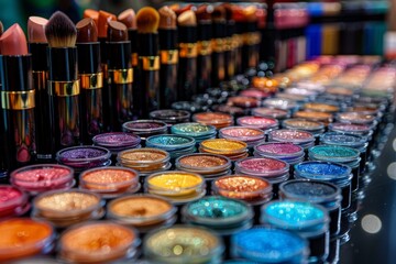 A vibrant selection of eyeshadows and makeup brushes neatly displayed on a well-lit store shelf, showcasing a variety of colors - obrazy, fototapety, plakaty