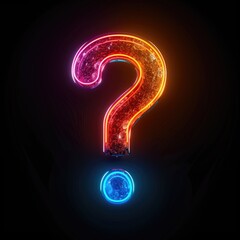 An electric blue neon question mark illuminates on black background